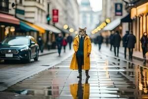 a woman in a yellow coat standing on a wet street. AI-Generated photo