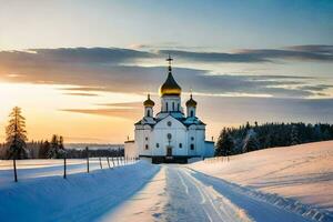 a church in the snow at sunset. AI-Generated photo