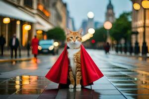 un gato vestido como un superhéroe en un rojo capa. generado por ai foto