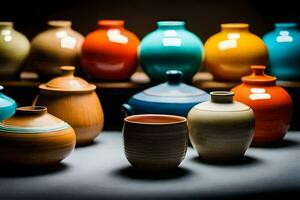a group of colorful vases are lined up on a table. AI-Generated photo