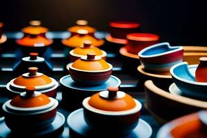 a collection of colorful ceramic bowls and cups. AI-Generated photo