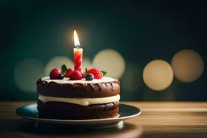 a chocolate birthday cake with a single candle. AI-Generated photo