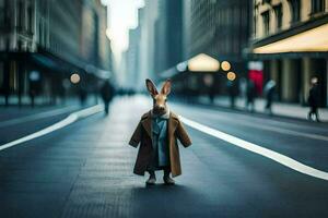 a rabbit in a coat standing in the middle of a city street. AI-Generated photo