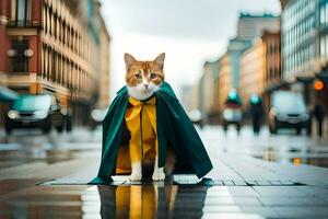 a cat wearing a cape on a rainy day. AI-Generated photo