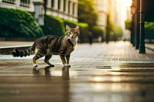 a cat walking on a wet street in the city. AI-Generated photo