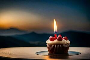 a cupcake with a single candle on top of a table. AI-Generated photo
