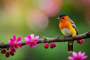 un vistoso pájaro se sienta en un rama con rosado flores generado por ai foto