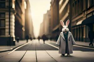a rabbit in a coat standing in the middle of a city street. AI-Generated photo