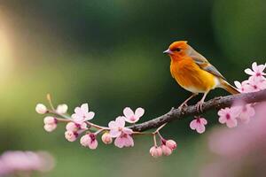 a bird sits on a branch with pink flowers. AI-Generated photo