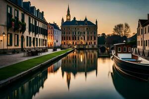 a boat is docked in a canal at sunset. AI-Generated photo