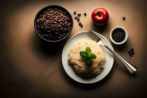 the food is a plate of rice, a spoon, and a cup of coffee. AI-Generated photo