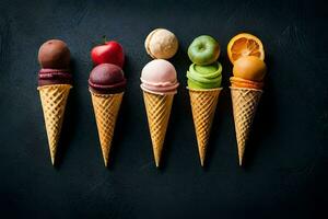 different ice cream flavors in cones on a black background. AI-Generated photo