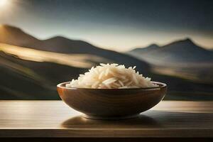 a bowl of rice on a table with mountains in the background. AI-Generated photo