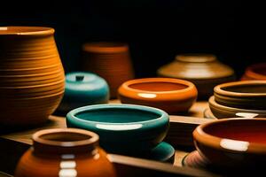 a collection of colorful ceramic bowls and vases. AI-Generated photo