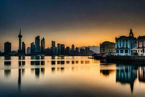 el ciudad horizonte es reflejado en el agua a puesta de sol. generado por ai foto