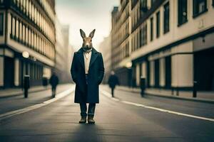 a rabbit wearing a coat and tie standing in the middle of a city street. AI-Generated photo