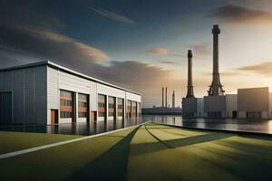 an industrial building with a large factory in the background. AI-Generated photo