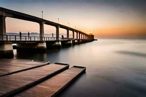 un muelle a puesta de sol con de madera tableros generado por ai foto