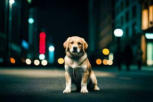 a dog sitting on the street at night. AI-Generated photo