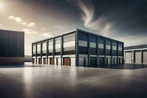 a large warehouse building with a sky background. AI-Generated photo