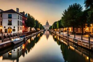 un canal en el medio de un ciudad a puesta de sol. generado por ai foto