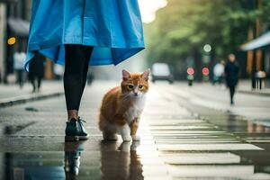 a cat walking on a wet street with a person in a blue coat. AI-Generated photo