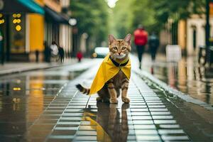 a cat wearing a yellow raincoat on a rainy street. AI-Generated photo