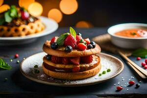 a stack of waffles topped with berries and sauce. AI-Generated photo