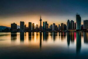 el ciudad horizonte a puesta de sol en hong Kong generado por ai foto