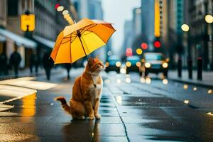 a cat sitting on the street with an umbrella. AI-Generated photo
