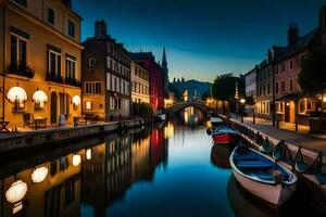 un canal en el ciudad a noche con barcos generado por ai foto