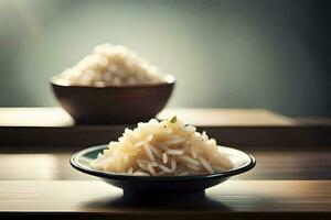 two bowls of rice sit on a table. AI-Generated photo