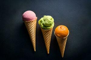 three ice cream cones with different flavors. AI-Generated photo