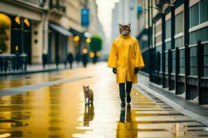 un mujer en un amarillo impermeable caminando con un gato. generado por ai foto