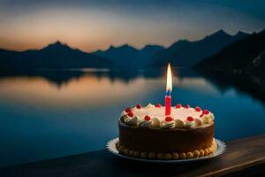 a birthday cake with a single candle on top of a table overlooking a lake. AI-Generated photo