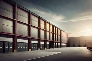 a large warehouse with a large building in the background. AI-Generated photo