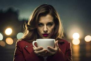 a woman in a red coat holding a white cup. AI-Generated photo