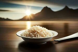 the rice is served with a spoon and a knife on a wooden table. AI-Generated photo