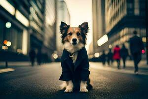 a dog in a suit sitting on the street. AI-Generated photo