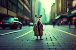 un Conejo vistiendo un Saco y en pie en un calle. generado por ai foto