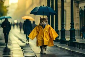 a cat in a raincoat walking down a street. AI-Generated photo