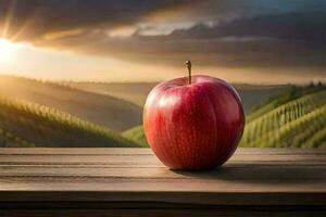 un manzana se sienta en un de madera mesa en frente de un puesta de sol. generado por ai foto