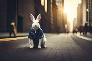 a rabbit wearing a suit and tie on the street. AI-Generated photo