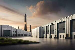 un grande industrial edificio con un grande fábrica en el antecedentes. generado por ai foto