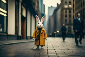 a rabbit wearing a yellow coat and tie walking down a street. AI-Generated photo