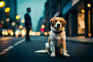 un perro sentado en el calle a noche. generado por ai foto