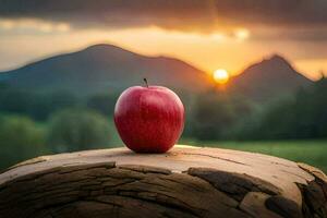 an apple sits on top of a stump in front of a sunset. AI-Generated photo