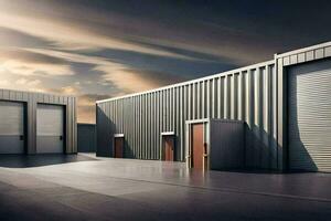 a large warehouse with two doors and a sky background. AI-Generated photo