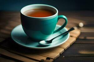 a cup of tea on a wooden table. AI-Generated photo