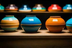 a row of colorful vases on a shelf. AI-Generated photo